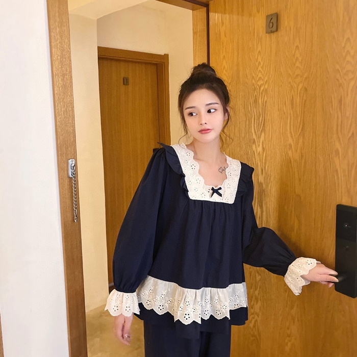 91家纺网 家纺一手货源 找家纺 （总）妍景家居生活馆 2025新款82117-韩系方领蕾丝宫廷风套装藏蓝