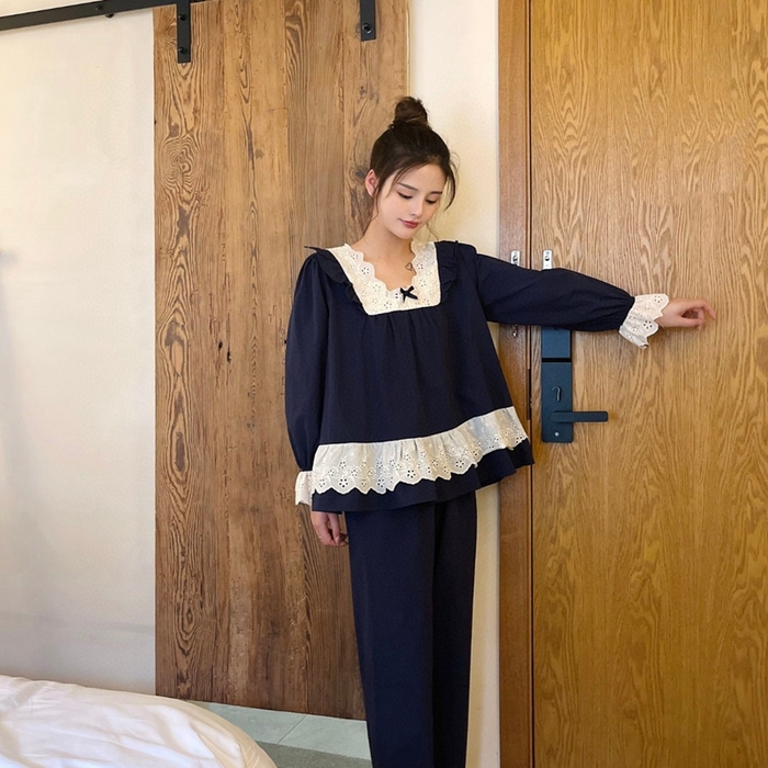 91家纺网 家纺一手货源 找家纺 （总）妍景家居生活馆 2025新款82117-韩系方领蕾丝宫廷风套装藏蓝