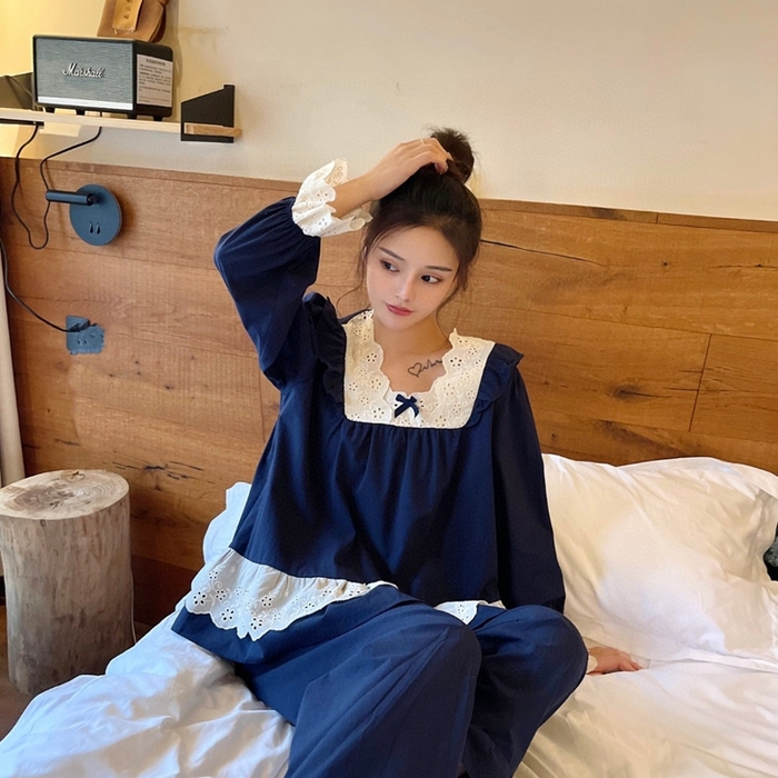 91家纺网 家纺一手货源 找家纺 （总）妍景家居生活馆 2025新款82117-韩系方领蕾丝宫廷风套装藏蓝