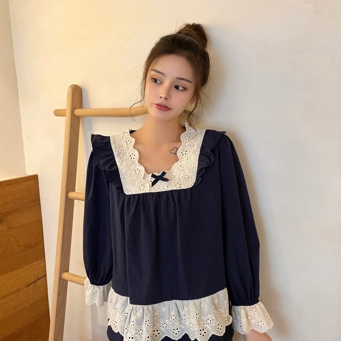 91家纺网 家纺一手货源 找家纺 （总）妍景家居生活馆 2025新款82117-韩系方领蕾丝宫廷风套装藏蓝