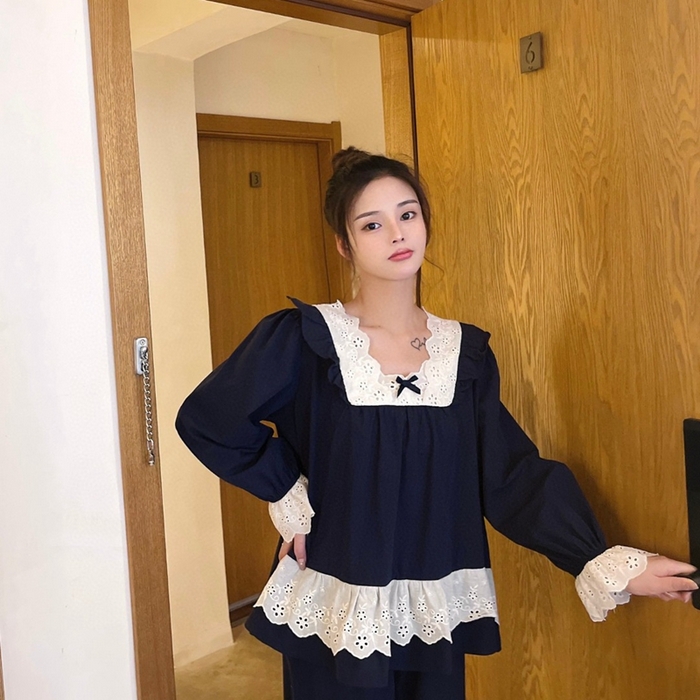 91家纺网 家纺一手货源 找家纺 （总）妍景家居生活馆 2025新款82117-韩系方领蕾丝宫廷风套装藏蓝