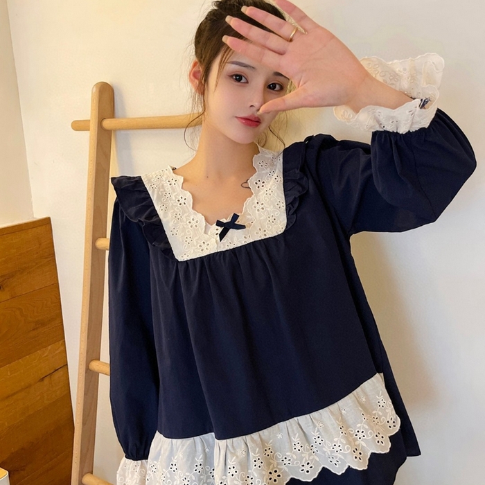 91家纺网 家纺一手货源 找家纺 （总）妍景家居生活馆 2025新款82117-韩系方领蕾丝宫廷风套装藏蓝