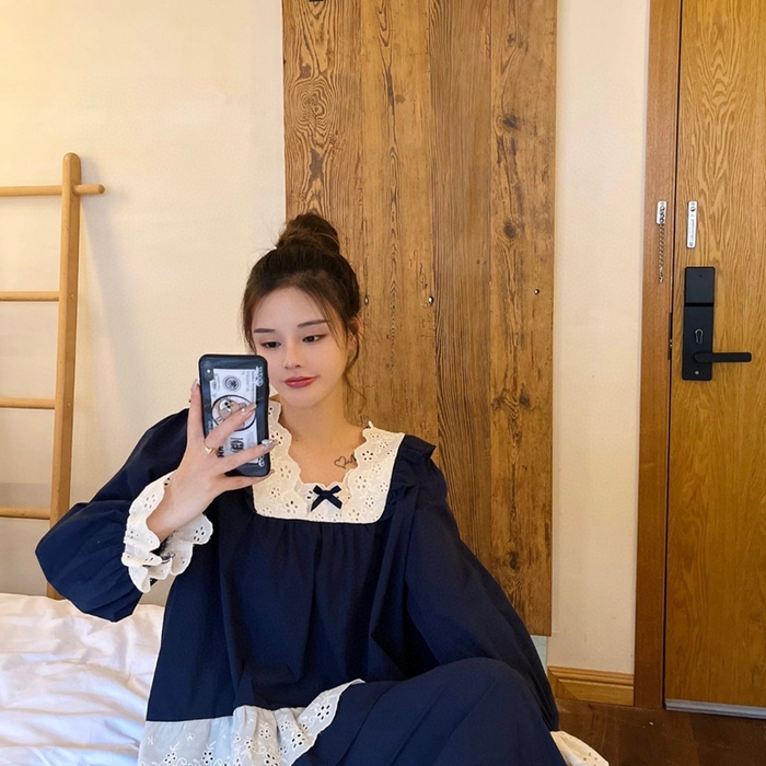 91家纺网 家纺一手货源 找家纺 （总）妍景家居生活馆 2025新款82117-韩系方领蕾丝宫廷风套装藏蓝