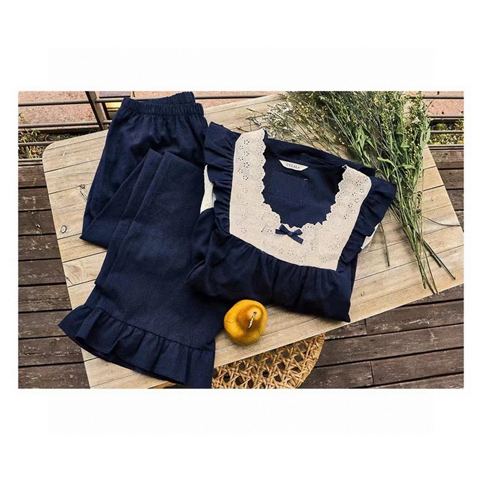 91家纺网 家纺一手货源 找家纺 （总）妍景家居生活馆 2025新款82117-韩系方领蕾丝宫廷风套装藏蓝