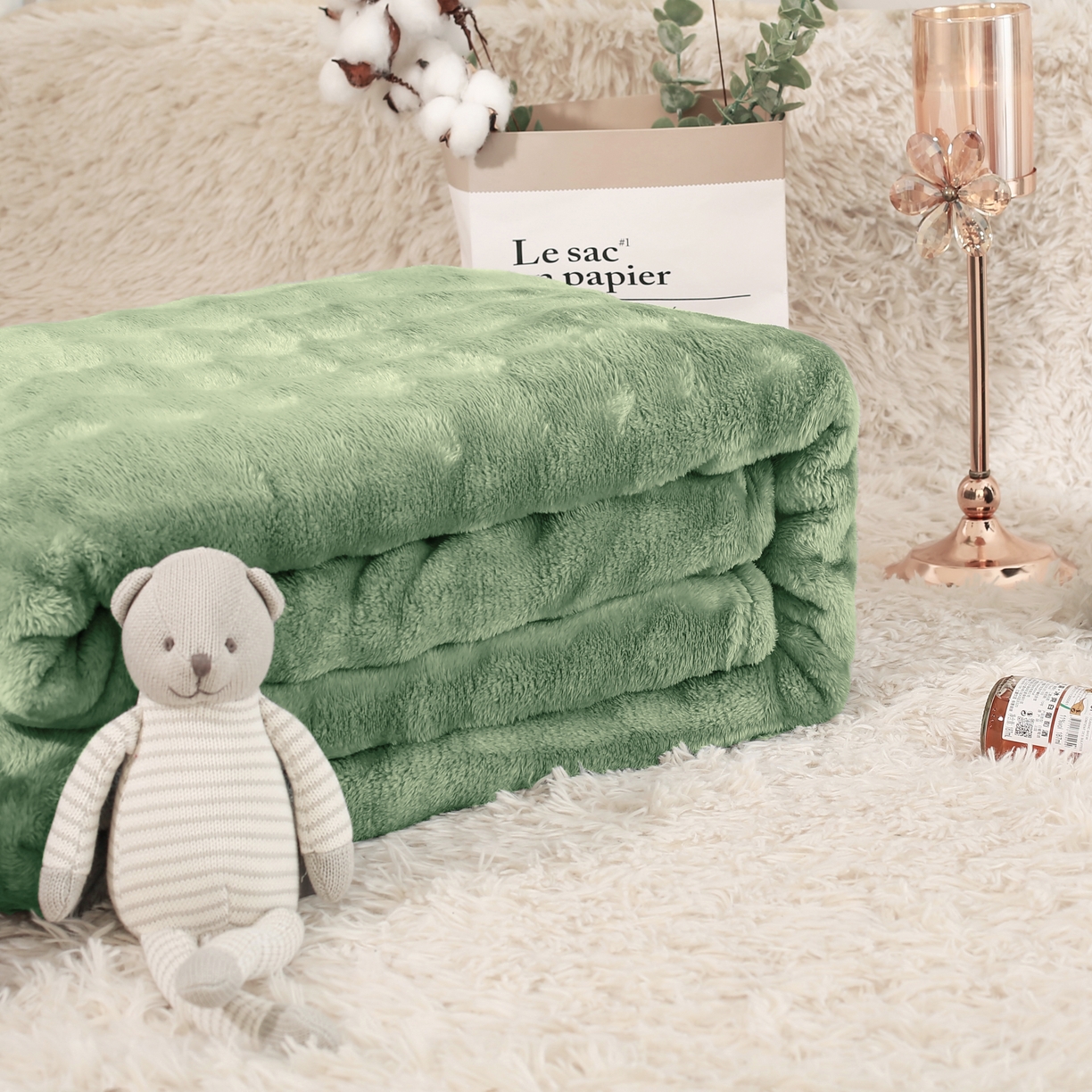 91家纺网 家纺一手货源 找家纺 喜歌2025新款泡泡绒毛毯 绿色