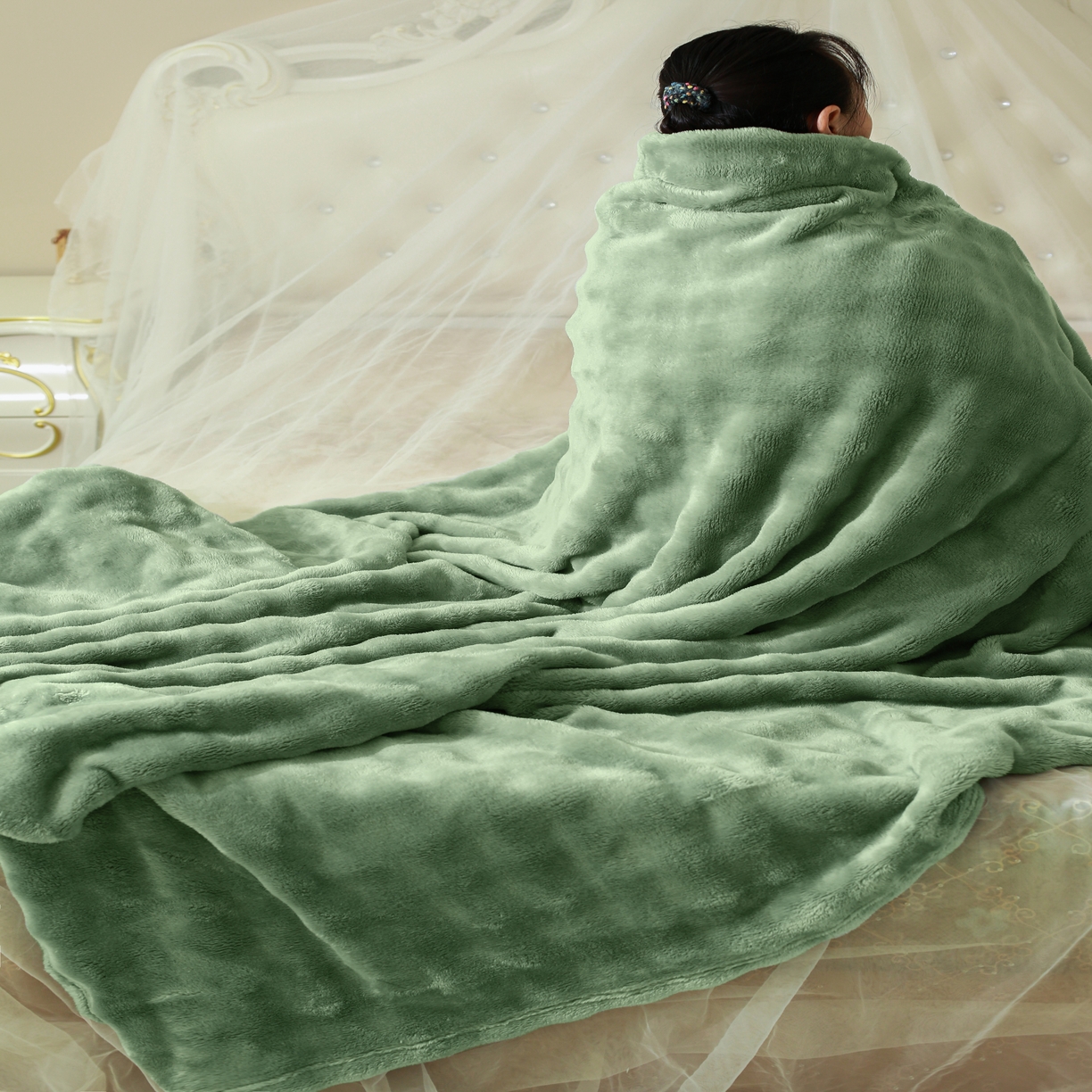 91家纺网 家纺一手货源 找家纺 喜歌2025新款泡泡绒毛毯 绿色