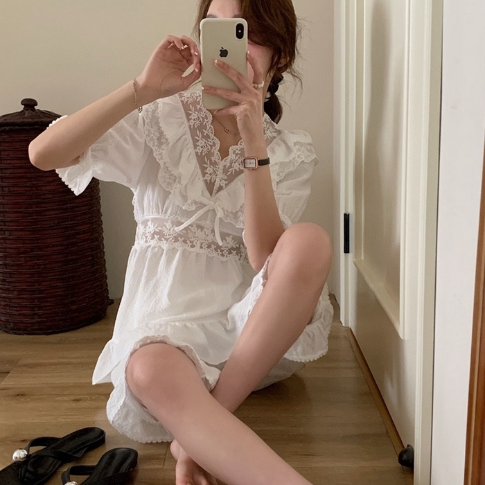 91家纺网 家纺一手货源 找家纺 （总）妍景家居生活馆 2025新款82919-韩系复古宫廷风V领收腰套装