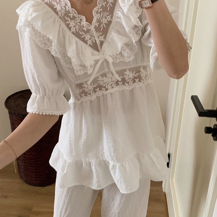 91家纺网 家纺一手货源 找家纺 （总）妍景家居生活馆 2025新款82919-韩系复古宫廷风V领收腰套装