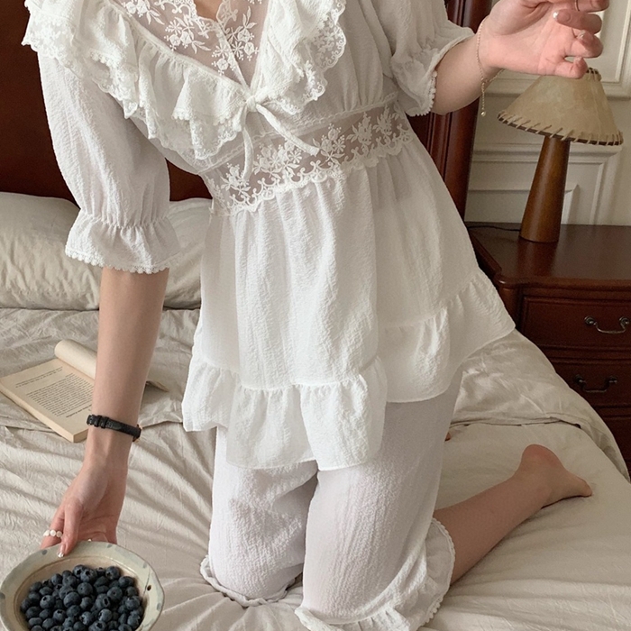 91家纺网 家纺一手货源 找家纺 （总）妍景家居生活馆 2025新款82919-韩系复古宫廷风V领收腰套装