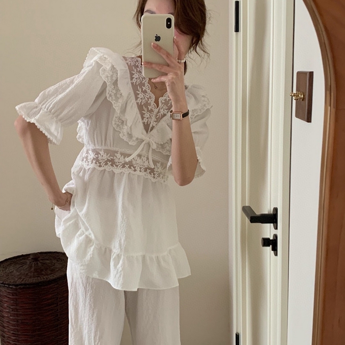 91家纺网 家纺一手货源 找家纺 （总）妍景家居生活馆 2025新款82919-韩系复古宫廷风V领收腰套装