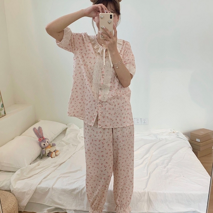 91家纺网 家纺一手货源 找家纺 （总）妍景家居生活馆 2025新款82925-韩系碎花短袖长裤菊粉