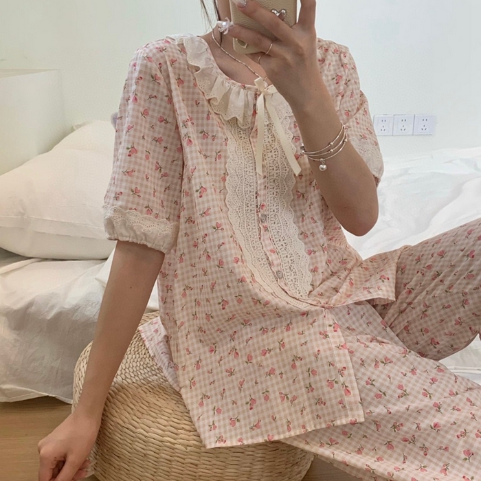 91家纺网 家纺一手货源 找家纺 （总）妍景家居生活馆 2025新款82925-韩系碎花短袖长裤菊粉