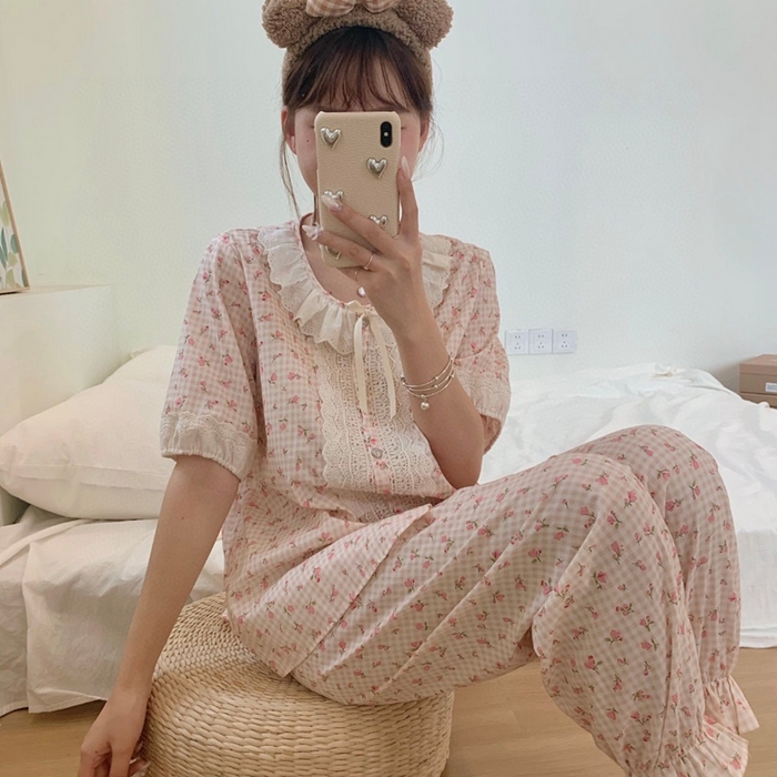 91家纺网 家纺一手货源 找家纺 （总）妍景家居生活馆 2025新款82925-韩系碎花短袖长裤菊粉