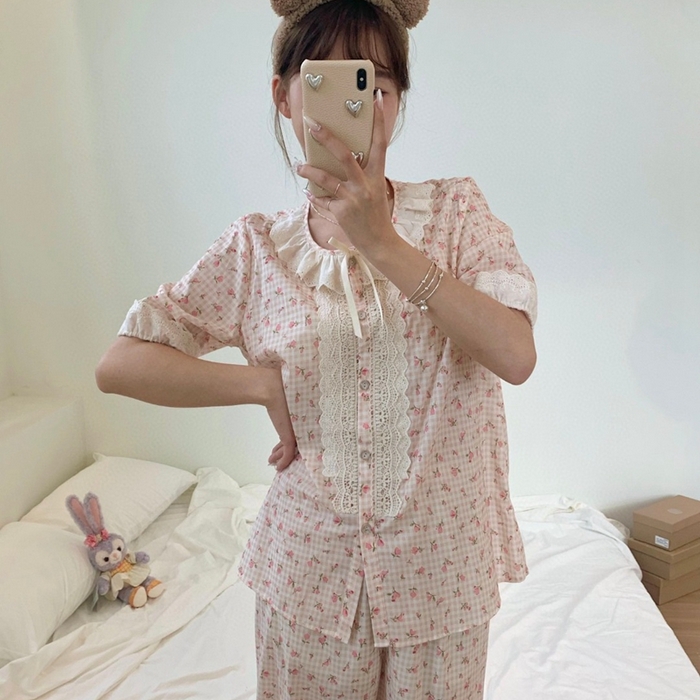 91家纺网 家纺一手货源 找家纺 （总）妍景家居生活馆 2025新款82925-韩系碎花短袖长裤菊粉