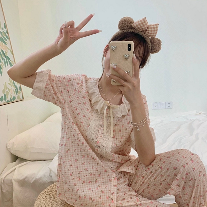 91家纺网 家纺一手货源 找家纺 （总）妍景家居生活馆 2025新款82925-韩系碎花短袖长裤菊粉