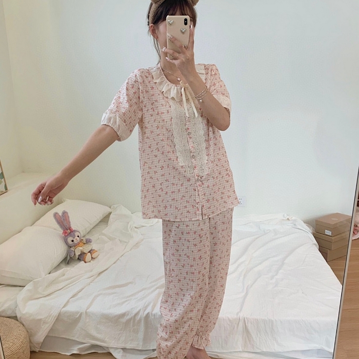 91家纺网 家纺一手货源 找家纺 （总）妍景家居生活馆 2025新款82925-韩系碎花短袖长裤菊粉