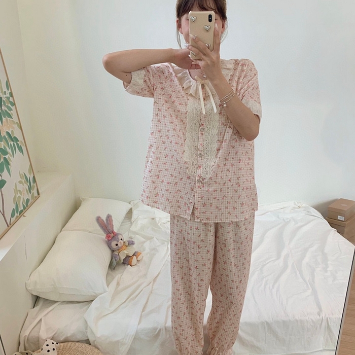 （总）妍景家居生活馆 2025新款82925-韩系碎花短袖长裤菊粉