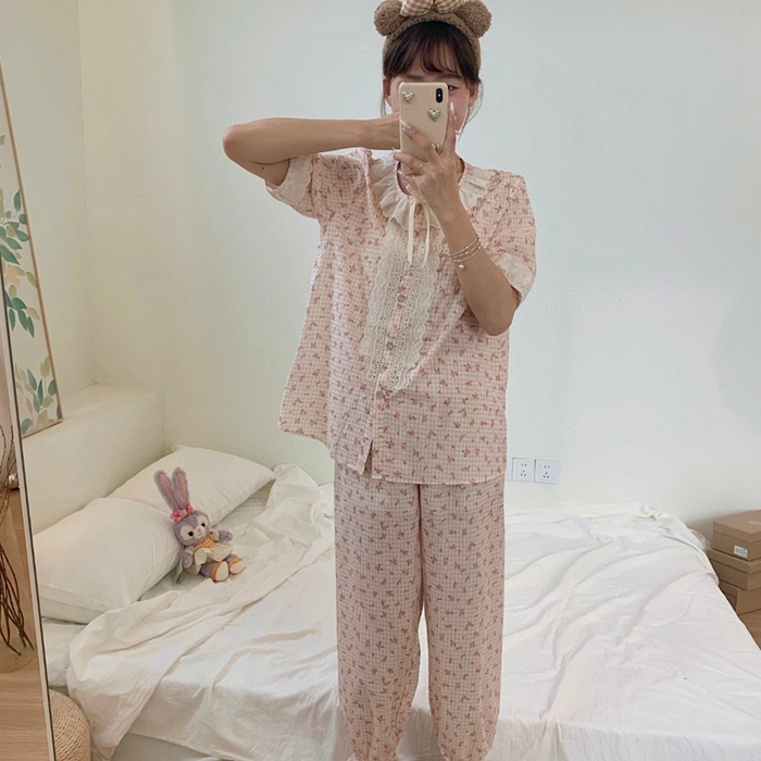 91家纺网 家纺一手货源 找家纺 （总）妍景家居生活馆 2025新款82925-韩系碎花短袖长裤菊粉