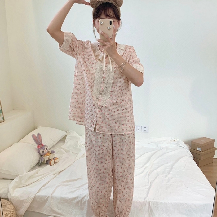 91家纺网 家纺一手货源 找家纺 （总）妍景家居生活馆 2025新款82925-韩系碎花短袖长裤菊粉