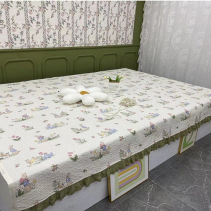 91家纺网 家纺一手货源 找家纺 禧瑞谷 2025新款全棉纯棉双层花边绗缝夹棉榻榻米支持定制农村大炕盖 花丛兔