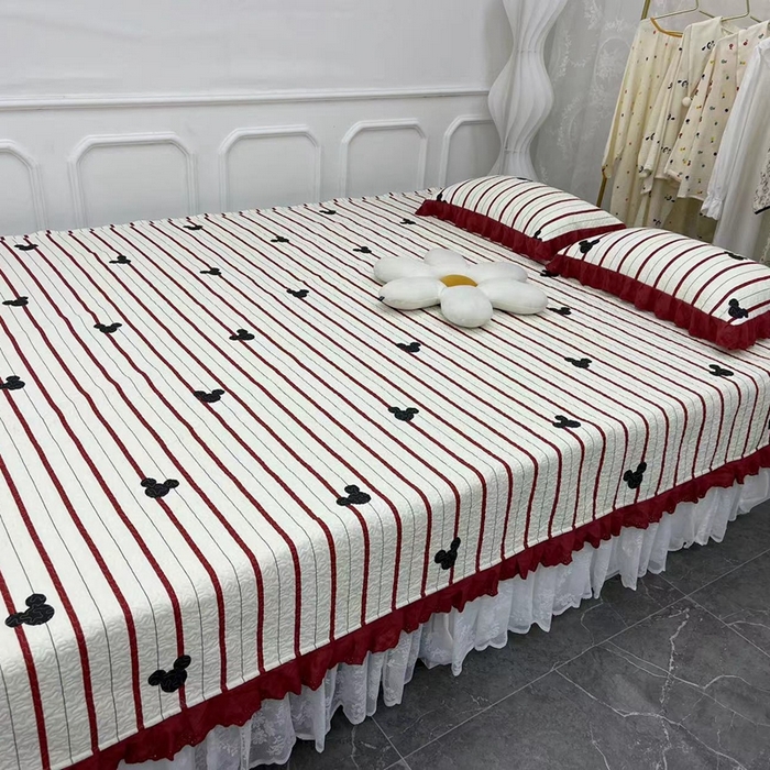 91家纺网 家纺一手货源 找家纺 禧瑞谷 2025新款全棉纯棉双层花边绗缝夹棉榻榻米支持定制农村大炕盖 条纹熊头