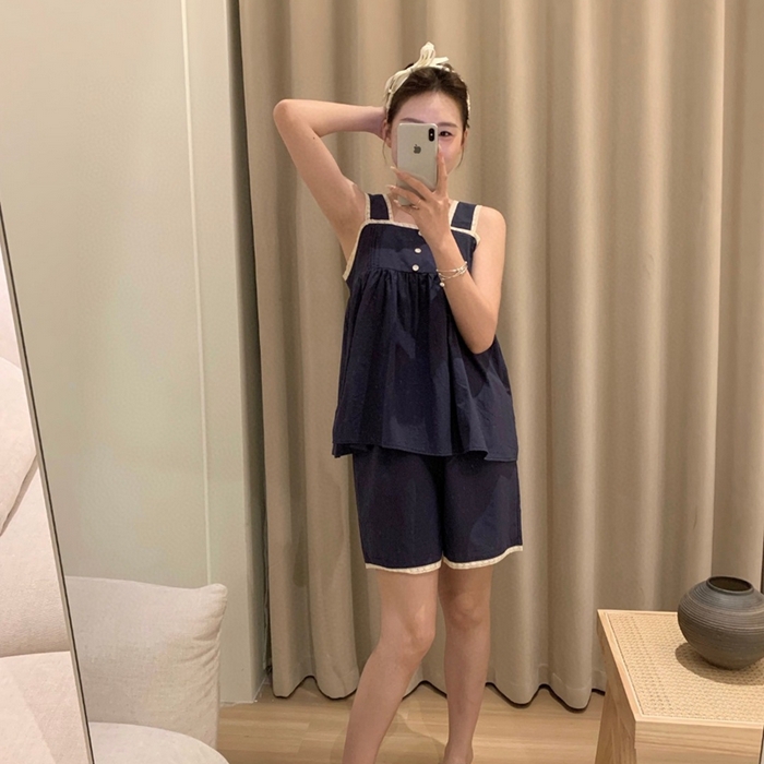 妍景家居生活馆 2025新款82958-韩系无袖吊带套装 深蓝