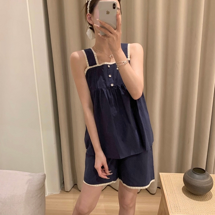 91家纺网 家纺一手货源 找家纺 妍景家居生活馆 2025新款82958-韩系无袖吊带套装 深蓝