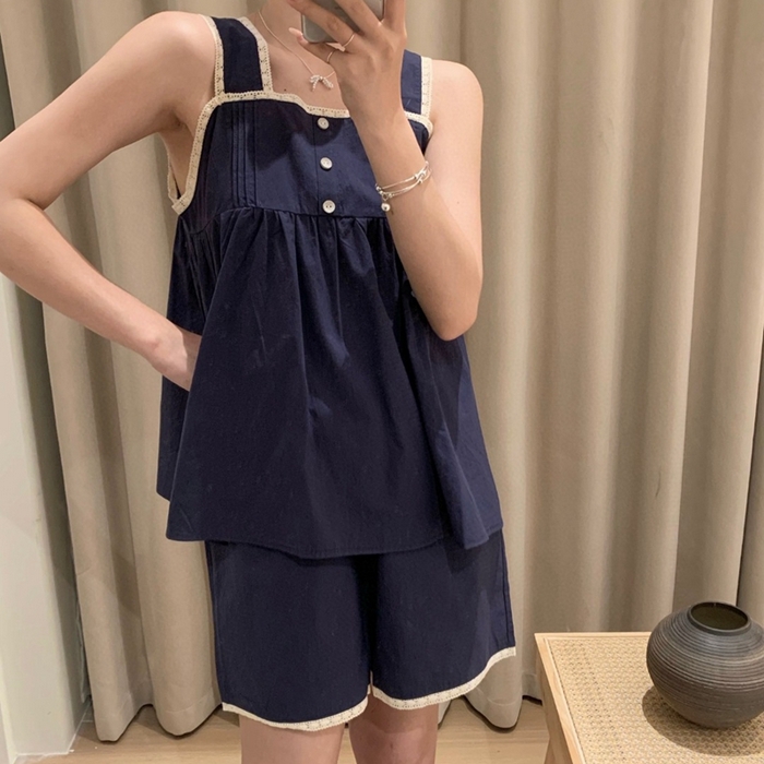 91家纺网 家纺一手货源 找家纺 妍景家居生活馆 2025新款82958-韩系无袖吊带套装 深蓝