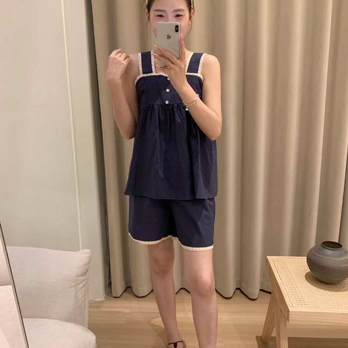 91家纺网 家纺一手货源 找家纺 妍景家居生活馆 2025新款82958-韩系无袖吊带套装 深蓝