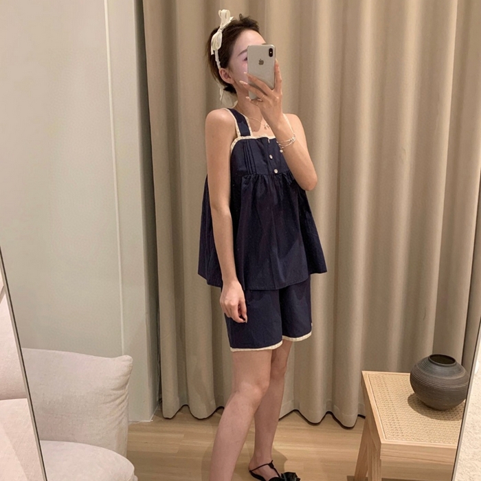 91家纺网 家纺一手货源 找家纺 妍景家居生活馆 2025新款82958-韩系无袖吊带套装 深蓝