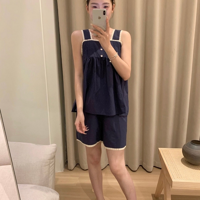 91家纺网 家纺一手货源 找家纺 妍景家居生活馆 2025新款82958-韩系无袖吊带套装 深蓝