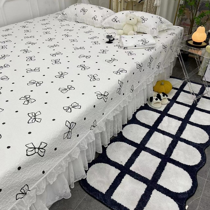禧瑞谷 2025新款全棉纯棉双层花边绗缝夹棉榻榻米支持定制农村大炕盖 白波点蝴蝶结