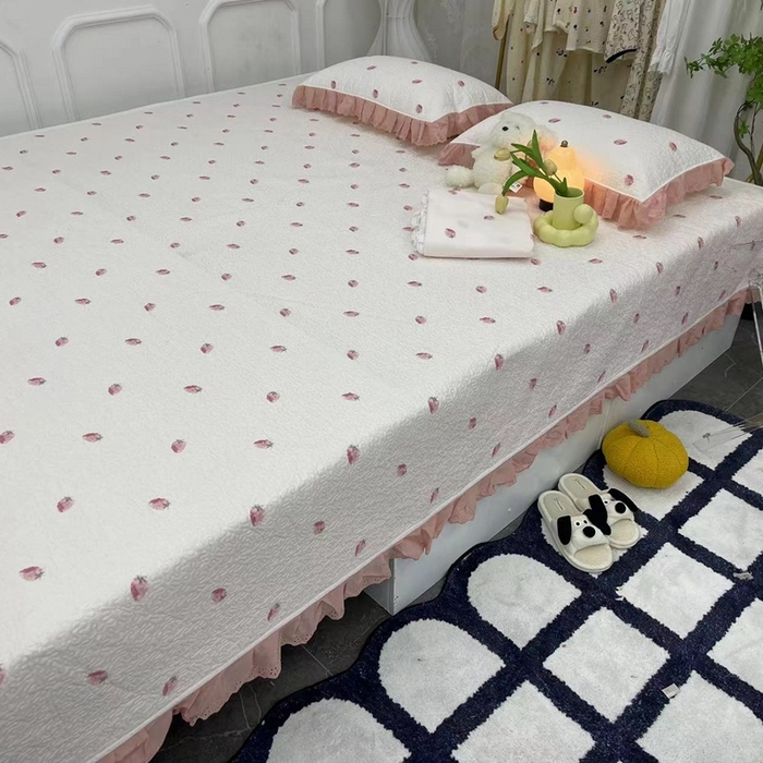 禧瑞谷 2025新款全棉纯棉双层花边绗缝夹棉榻榻米支持定制农村大炕盖 奶油草莓