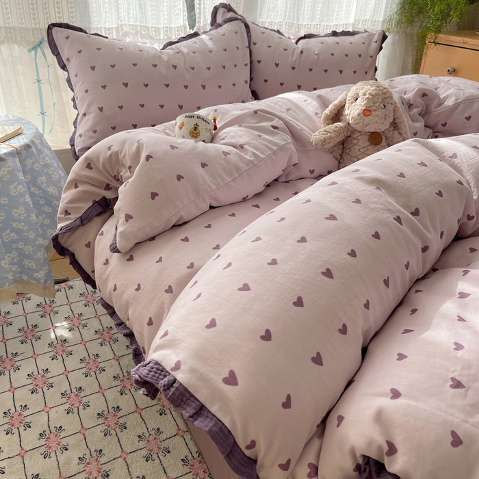 91家纺网 家纺一手货源 找家纺 （总）繁花家居 2025新款木耳边水洗棉双层纱针织棉韩式花边四件套