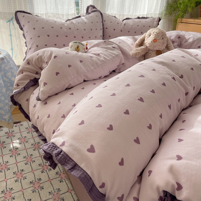 91家纺网 家纺一手货源 找家纺 （总）繁花家居 2025新款木耳边水洗棉双层纱针织棉韩式花边四件套