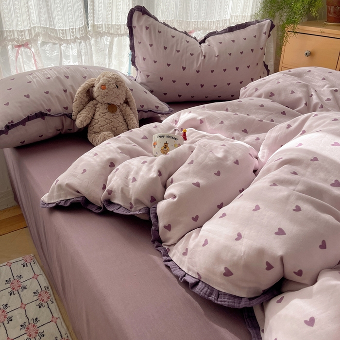 91家纺网 家纺一手货源 找家纺 （总）繁花家居 2025新款木耳边水洗棉双层纱针织棉韩式花边四件套