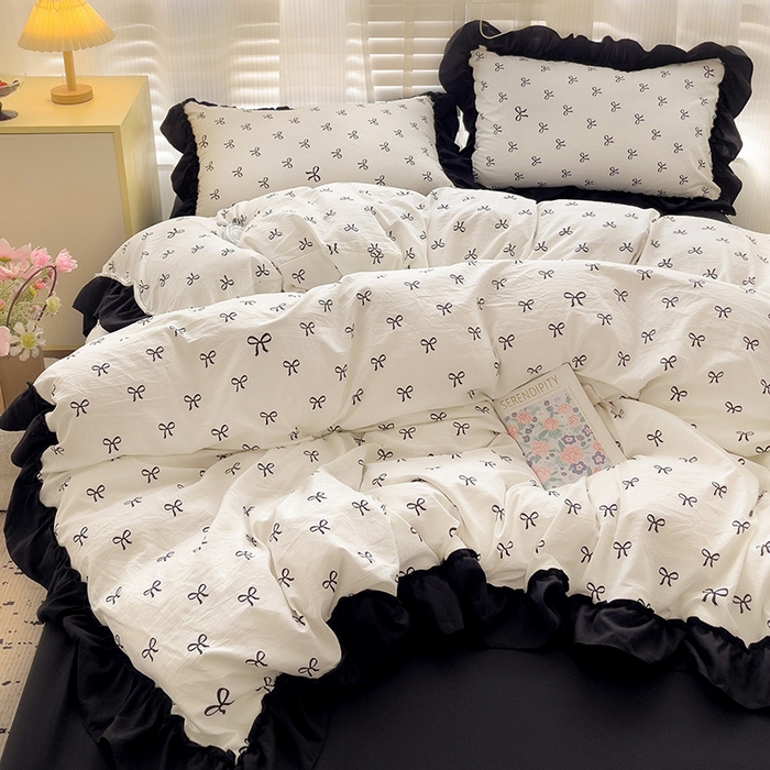 91家纺网 家纺一手货源 找家纺 （总）繁花家居 2025新款木耳边水洗棉双层纱针织棉韩式花边四件套