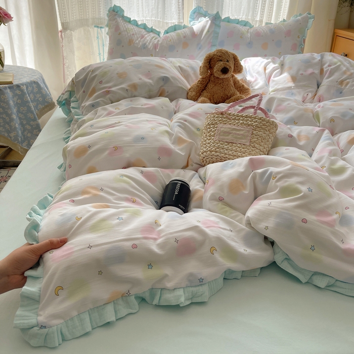 91家纺网 家纺一手货源 找家纺 （总）繁花家居 2025新款木耳边水洗棉双层纱针织棉韩式花边四件套