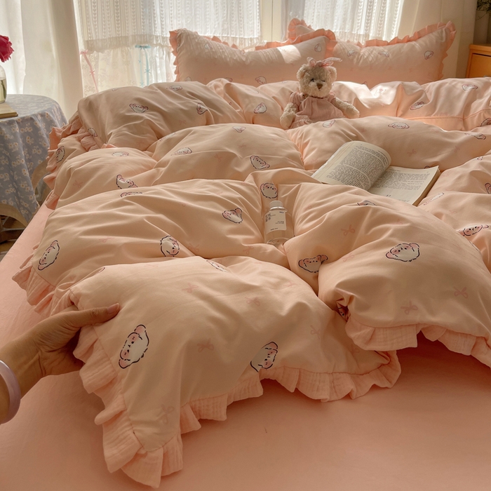 91家纺网 家纺一手货源 找家纺 （总）繁花家居 2025新款木耳边水洗棉双层纱针织棉韩式花边四件套