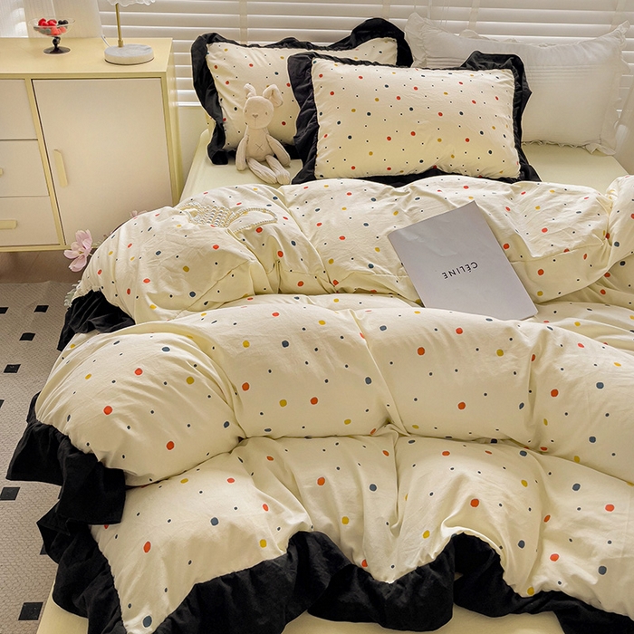 繁花家居 2025新款木耳边水洗棉双层纱针织棉韩式花边四件套 黄梦星辰