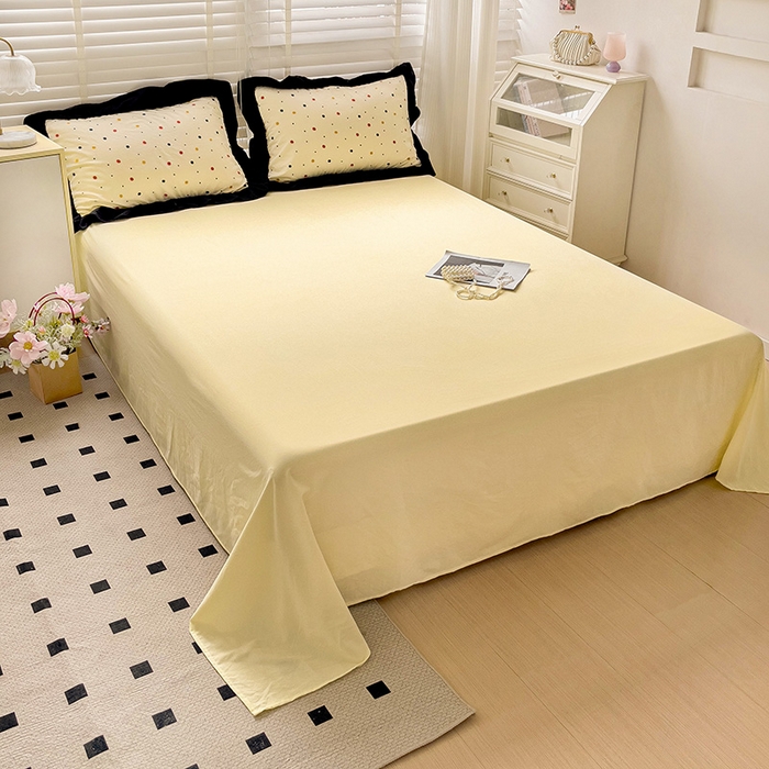 91家纺网 家纺一手货源 找家纺 繁花家居 2025新款木耳边水洗棉双层纱针织棉韩式花边四件套 黄梦星辰