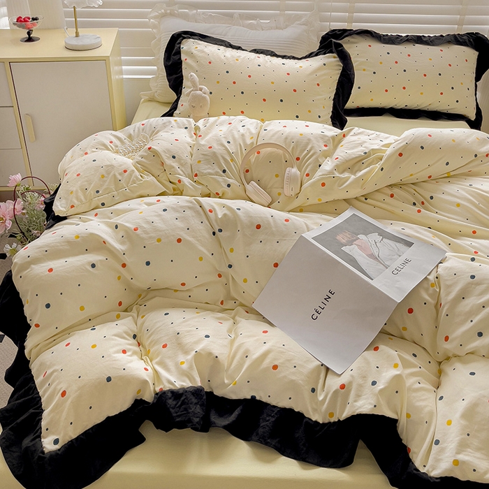 91家纺网 家纺一手货源 找家纺 繁花家居 2025新款木耳边水洗棉双层纱针织棉韩式花边四件套 黄梦星辰