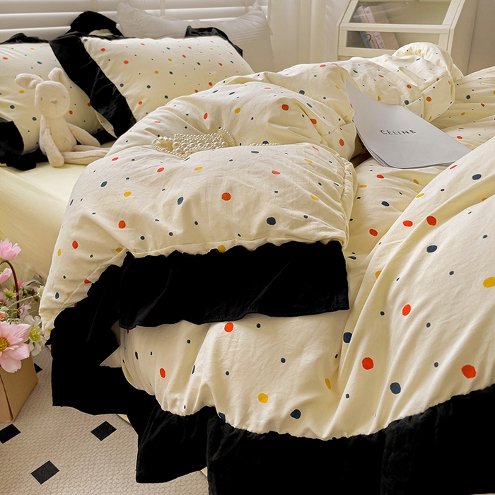 91家纺网 家纺一手货源 找家纺 繁花家居 2025新款木耳边水洗棉双层纱针织棉韩式花边四件套 黄梦星辰