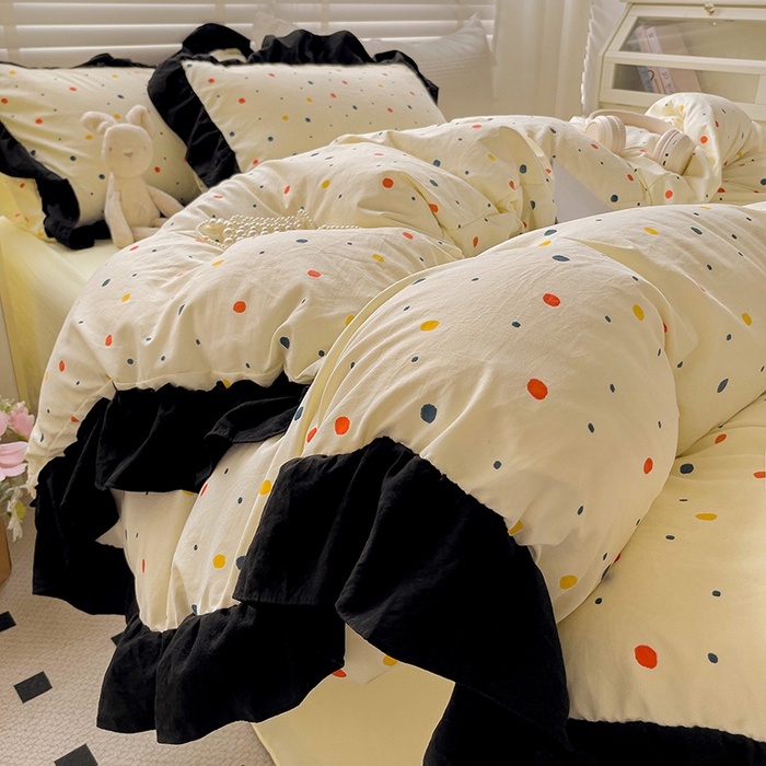 91家纺网 家纺一手货源 找家纺 繁花家居 2025新款木耳边水洗棉双层纱针织棉韩式花边四件套 黄梦星辰