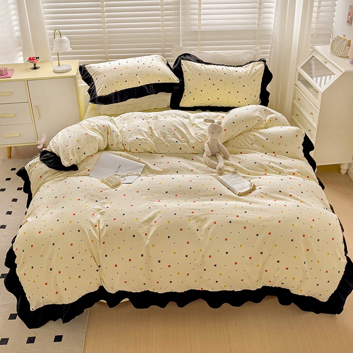 91家纺网 家纺一手货源 找家纺 繁花家居 2025新款木耳边水洗棉双层纱针织棉韩式花边四件套 黄梦星辰