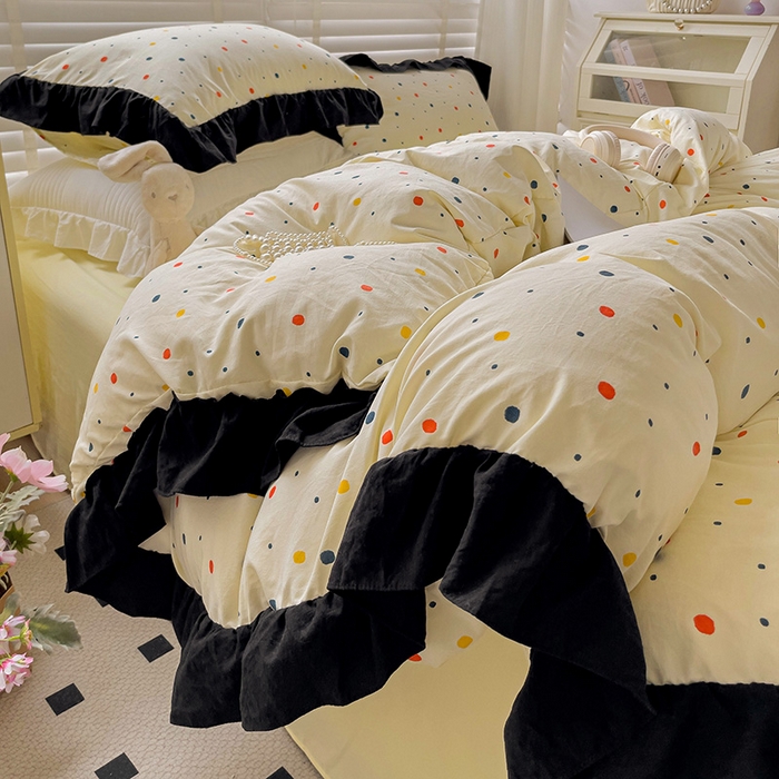 91家纺网 家纺一手货源 找家纺 繁花家居 2025新款木耳边水洗棉双层纱针织棉韩式花边四件套 黄梦星辰