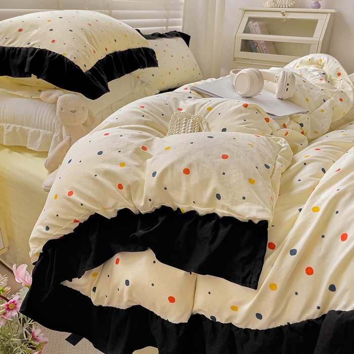 91家纺网 家纺一手货源 找家纺 繁花家居 2025新款木耳边水洗棉双层纱针织棉韩式花边四件套 黄梦星辰