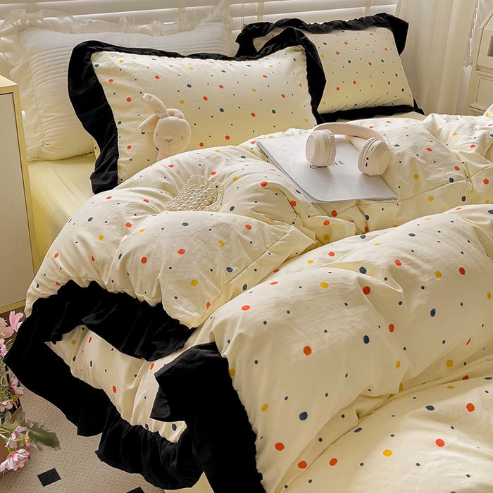 91家纺网 家纺一手货源 找家纺 繁花家居 2025新款木耳边水洗棉双层纱针织棉韩式花边四件套 黄梦星辰