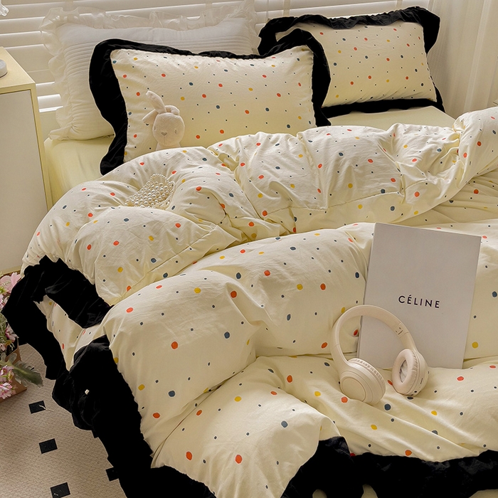 91家纺网 家纺一手货源 找家纺 繁花家居 2025新款木耳边水洗棉双层纱针织棉韩式花边四件套 黄梦星辰