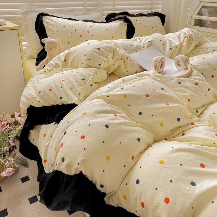 91家纺网 家纺一手货源 找家纺 繁花家居 2025新款木耳边水洗棉双层纱针织棉韩式花边四件套 黄梦星辰